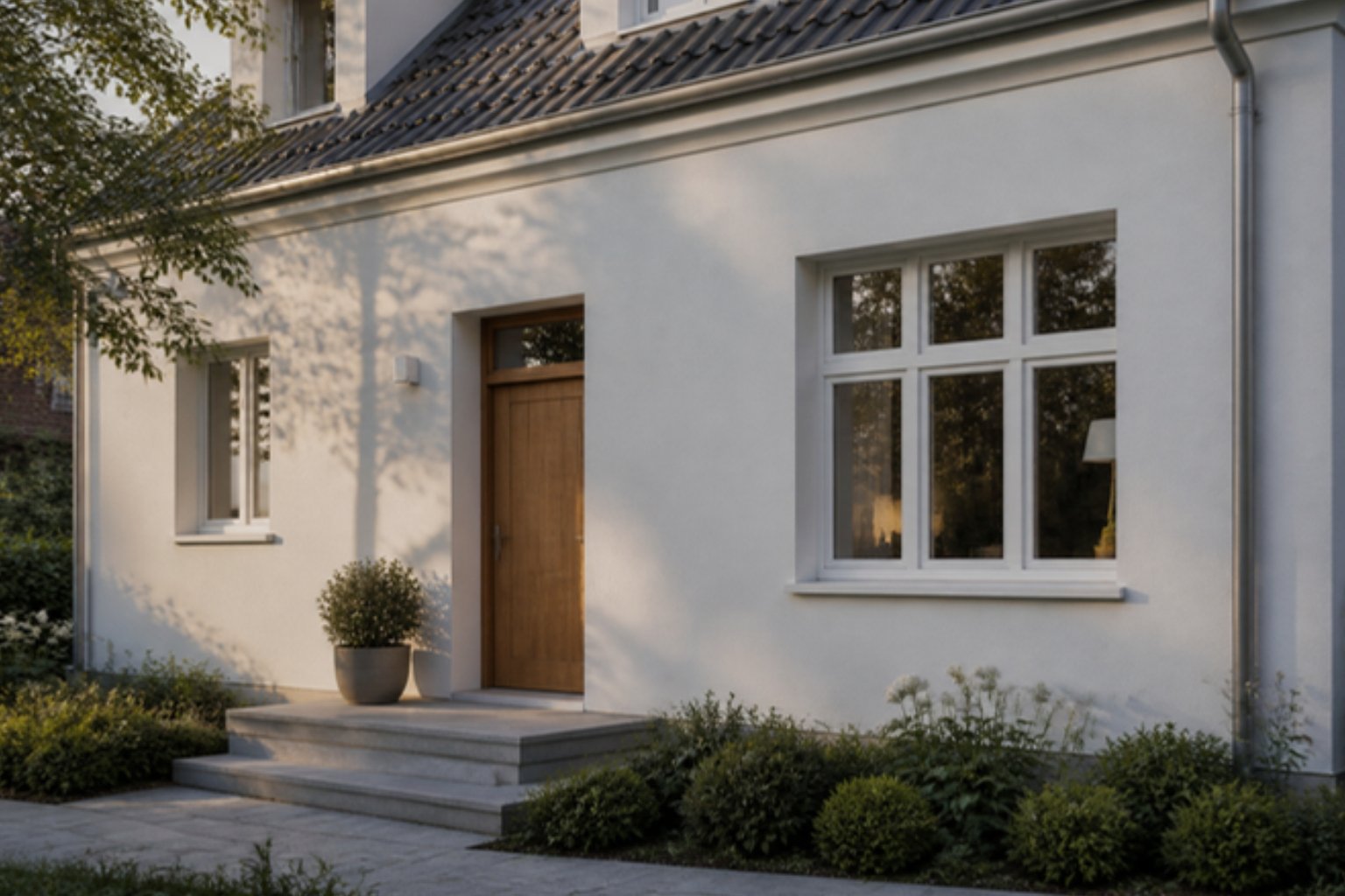 Pudset facade efter renovering