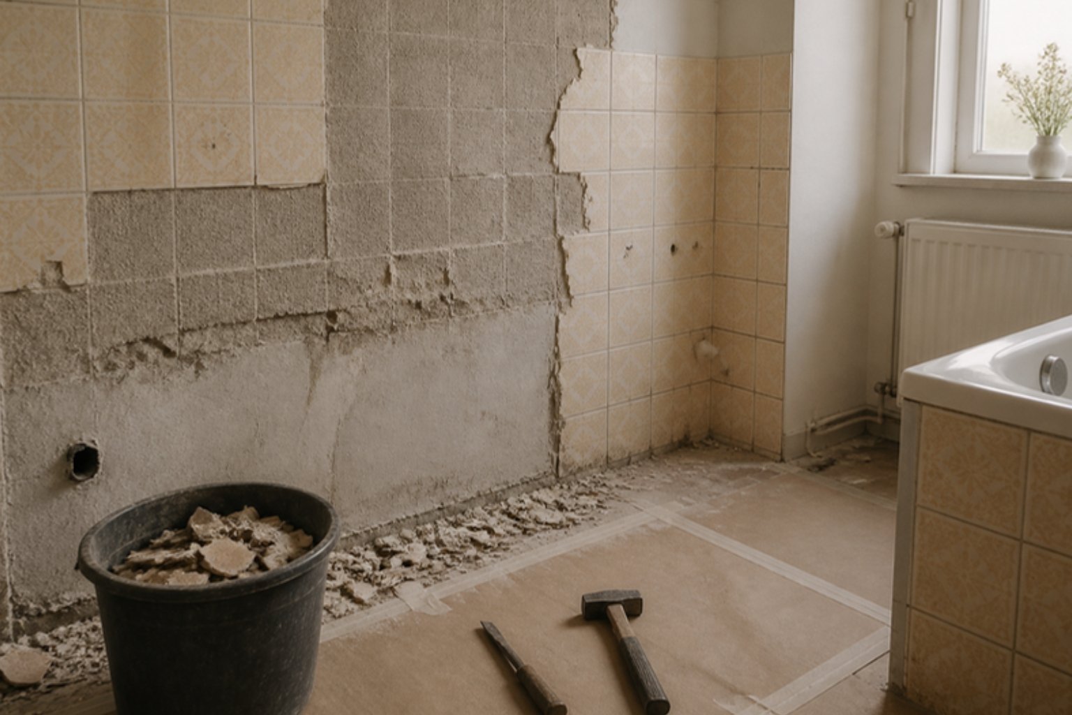 Nedrivning af gamle fliser ved renovering af badeværelse